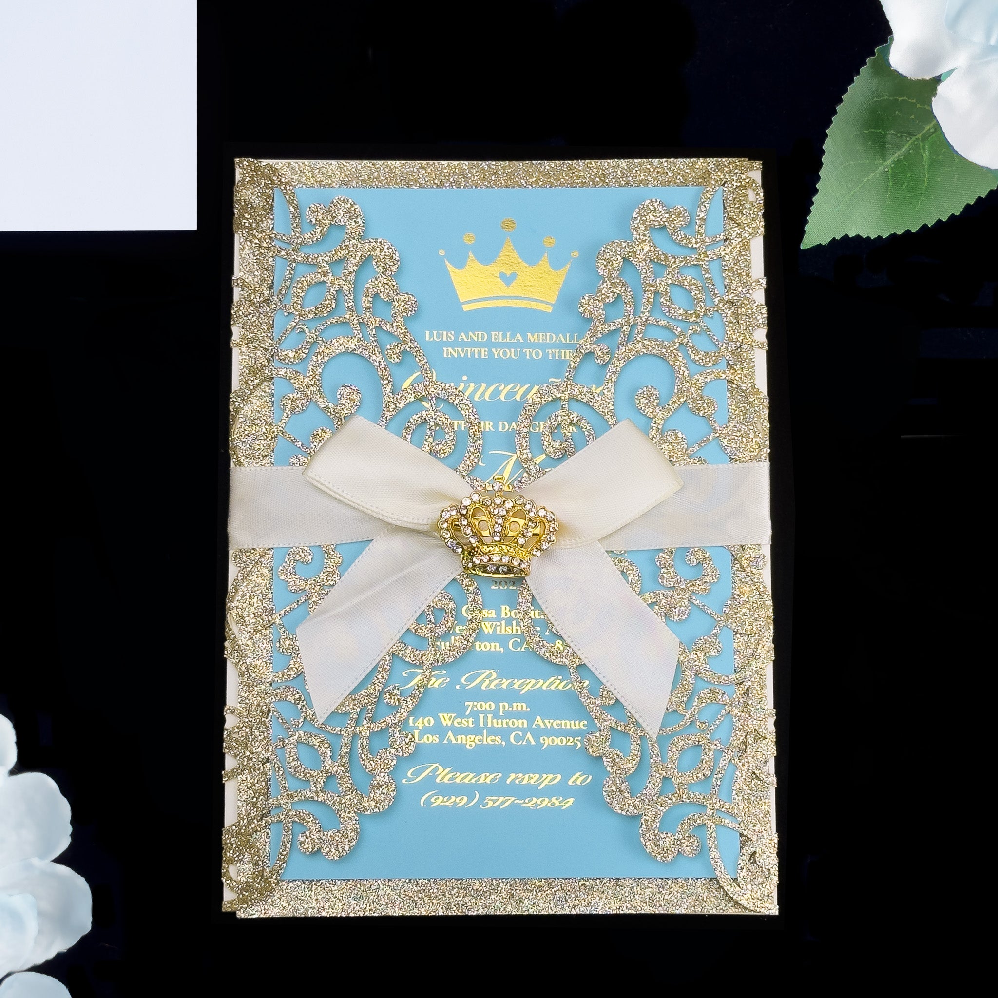 Baby Blue and Gold Glitter Laser Cut Quinceaera Invitations Princesa Paloma Baby Blue and Gold Glitter Laser Cut Quinceaera Invitations Princesa Paloma