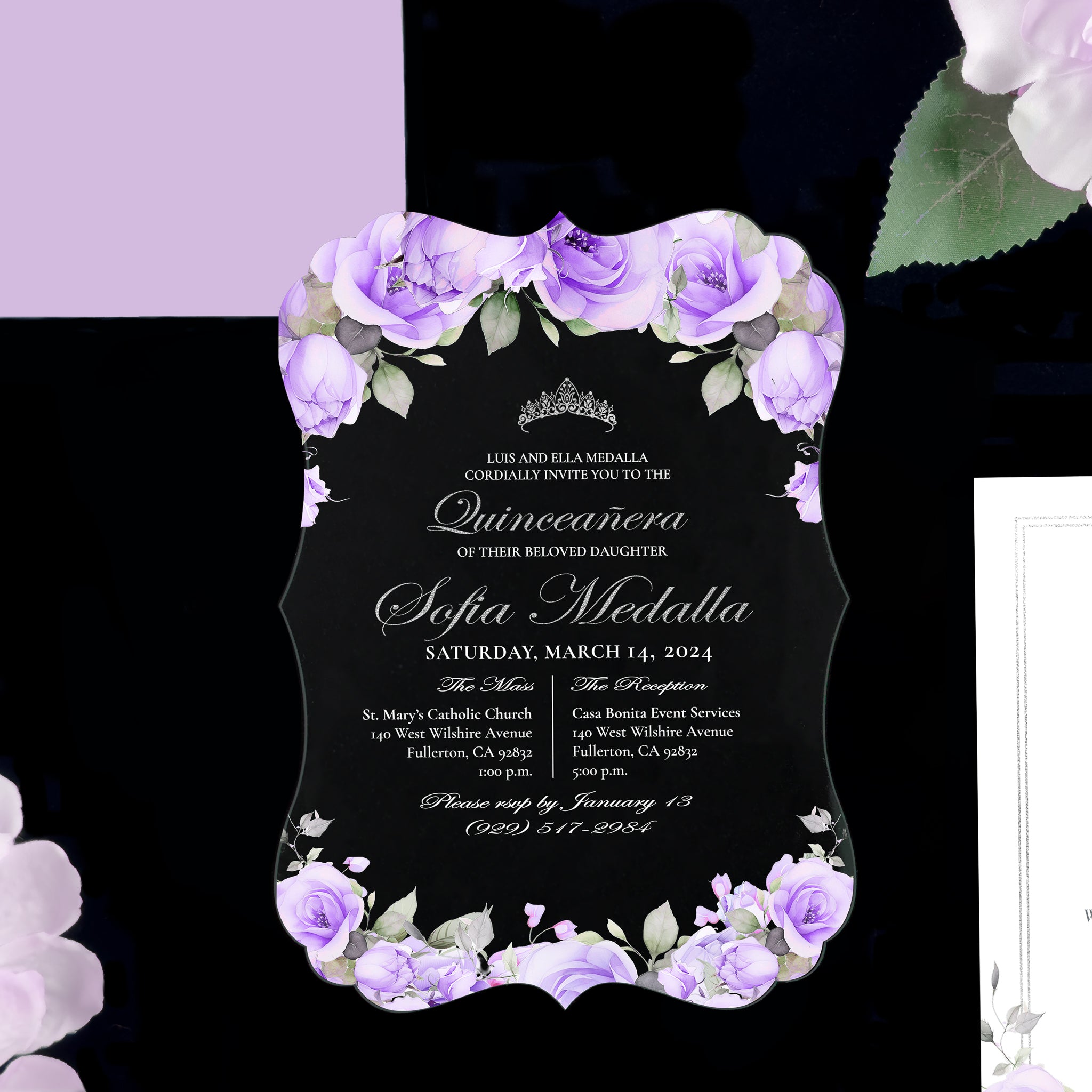 Ximena - Lavender + Silver Acrylic Quinceañera Invitations