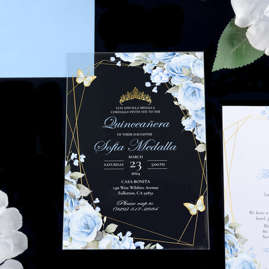 Leila - Baby Blue + Gold Acrylic Quinceañera Invitations