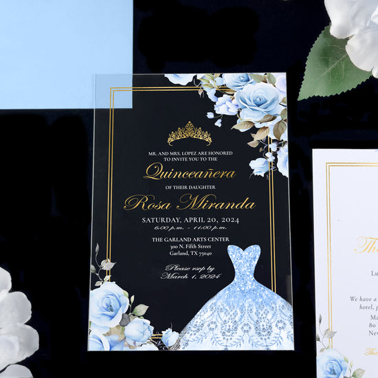 Sara - Baby Blue + Gold Acrylic Quinceañera Invitations