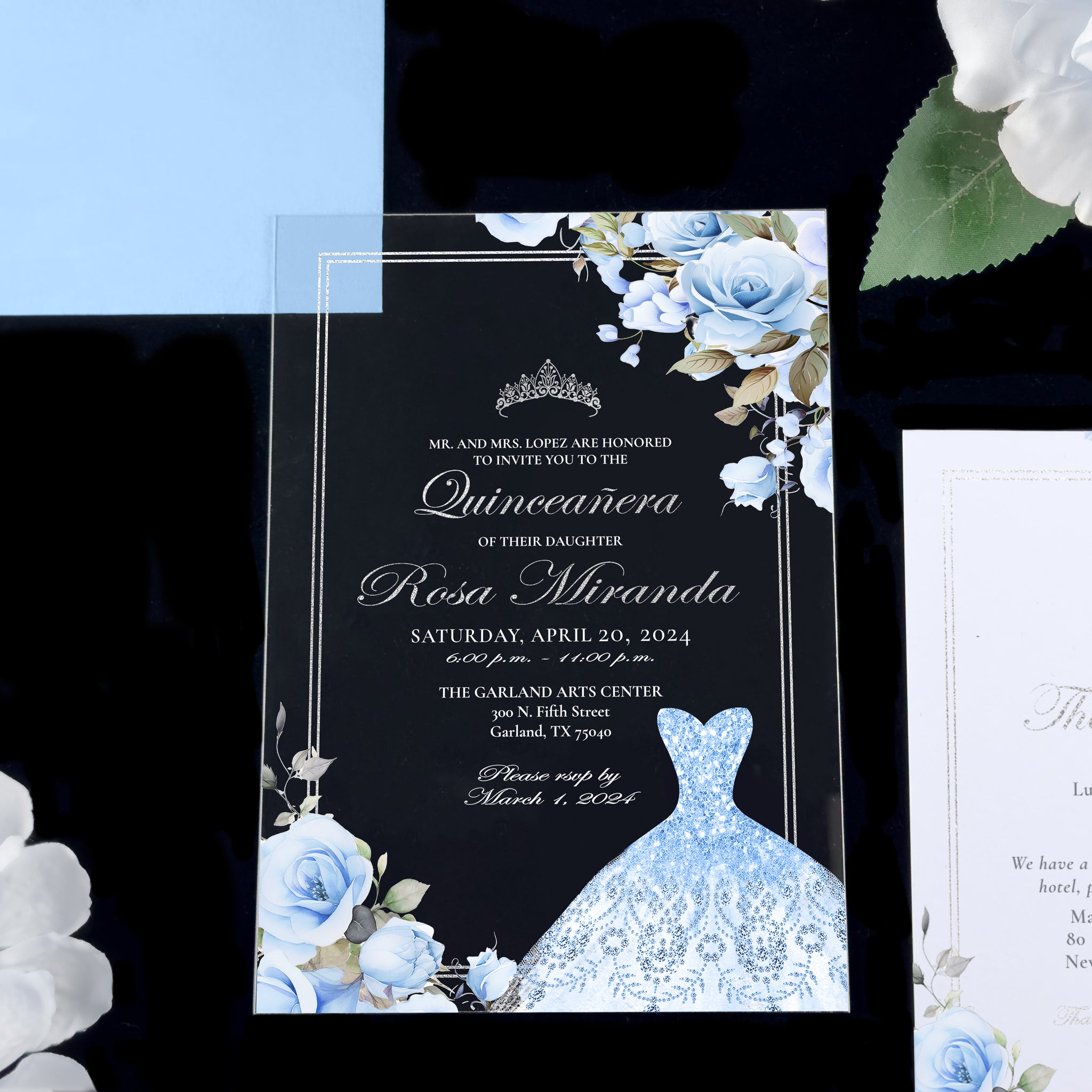 Sara - Baby Blue + Silver Acrylic Quinceañera Invitations