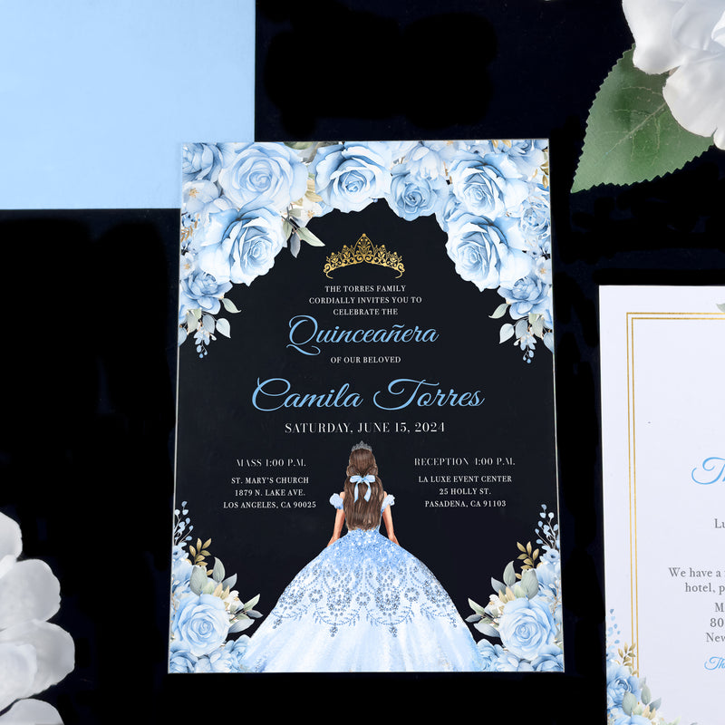 BabyBlue + Gold Princess Flowers Quinceaera Invitations Princesa Paloma BabyBlue + Gold Princess Flowers Quinceaera Invitations Princesa Paloma