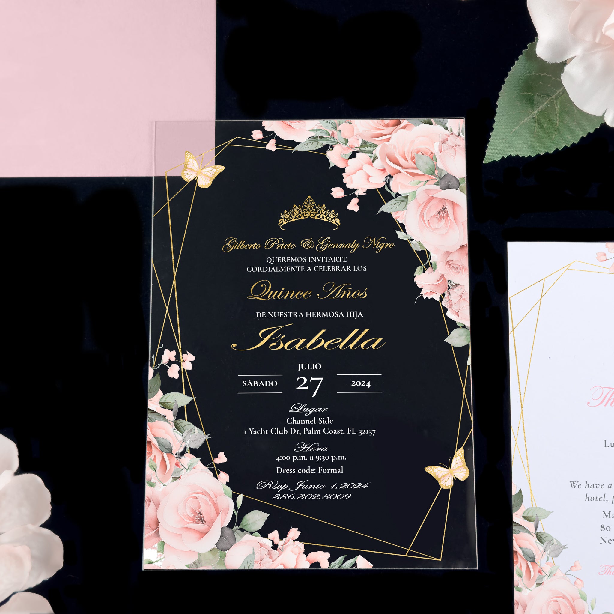 Leila - Blush + Gold Acrylic Quinceañera Invitations