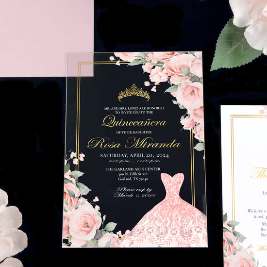 Sara - Blush Pink + Gold Acrylic Quinceañera Invitations