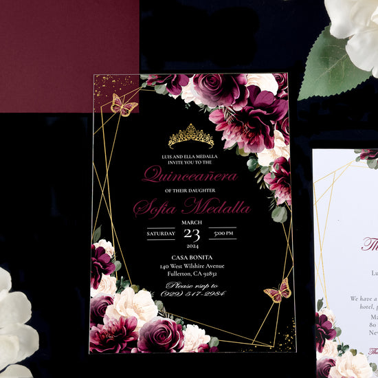 Leila - Burgundy + Gold Acrylic Quinceañera Invitations