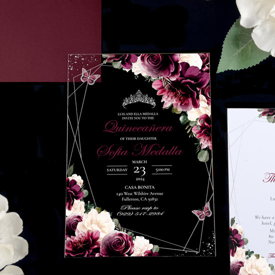 Leila - Burgundy + Silver Acrylic Quinceañera Invitations