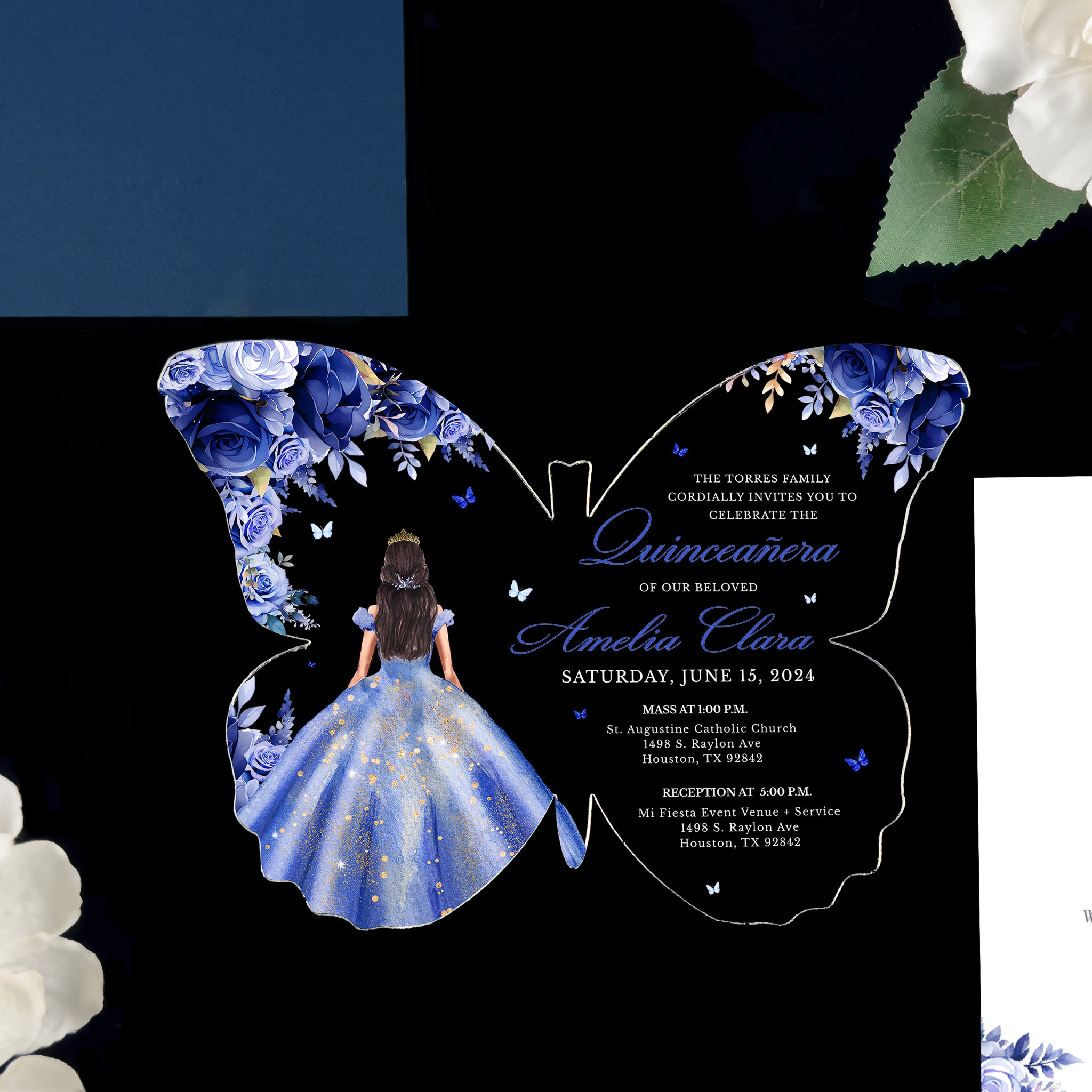 Invitación De Quinceañera en Acrílico Transparente con Mariposas Lavandas - Leila