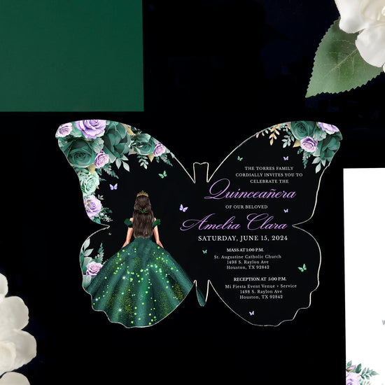 Amelia - Emerald and Lavender Acrylic Quinceañera Invitations