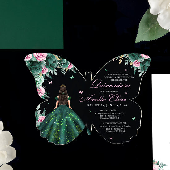 Amelia - Emerald and Pink Acrylic Quinceañera Invitations