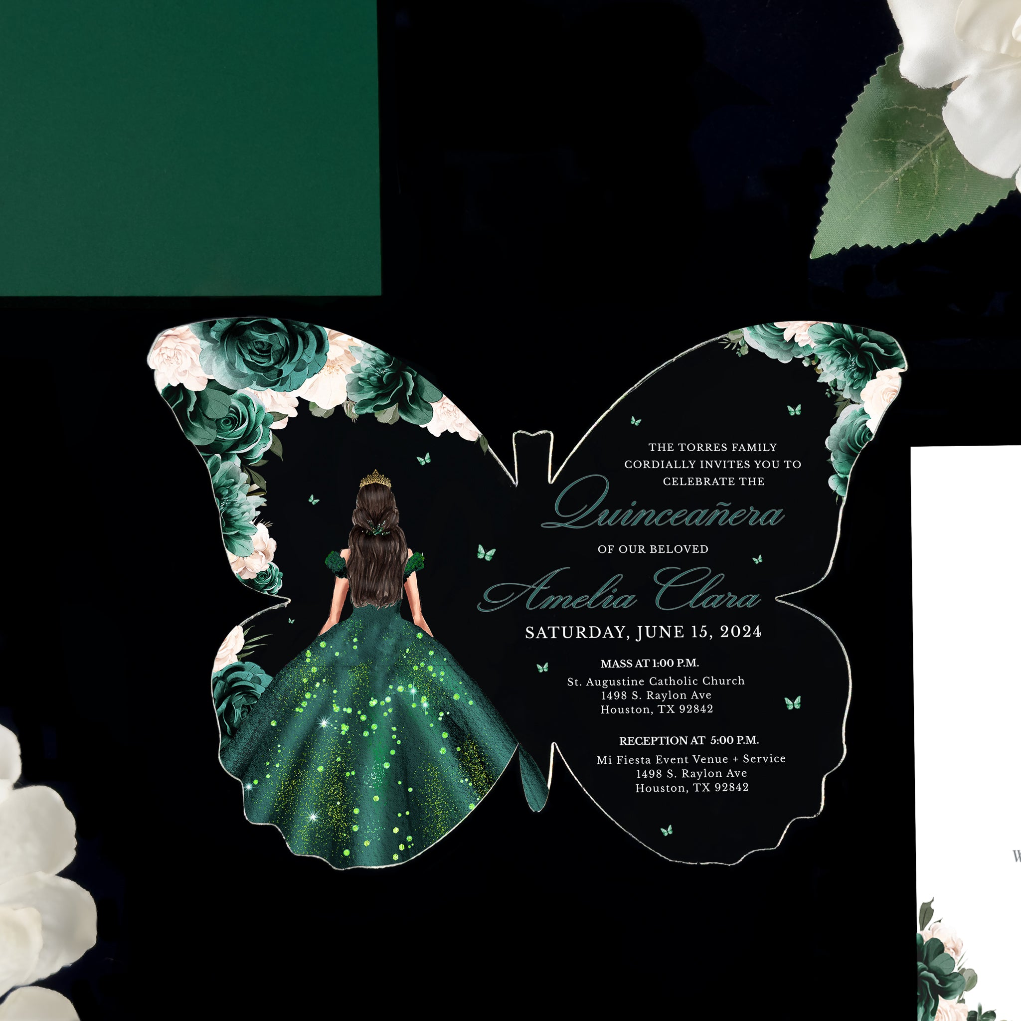 Amelia - Emerald Acrylic Quinceañera Invitations