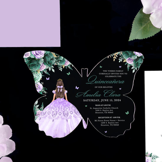 Amelia - Emerald and Lavender Acrylic Quinceañera Invitations