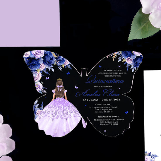 Amelia - Lavender and Royal Blue Acrylic Quinceañera Invitations