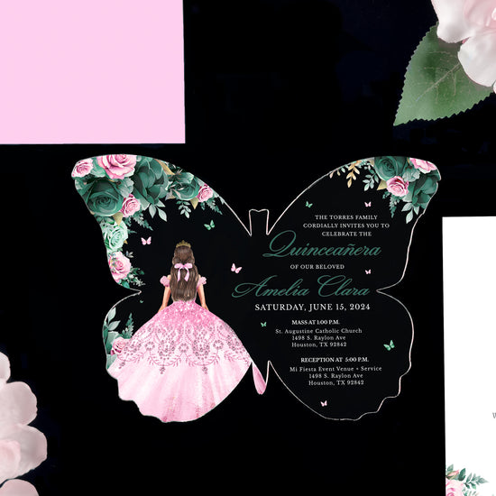 Amelia - Pink and Emerald Acrylic Quinceañera Invitations