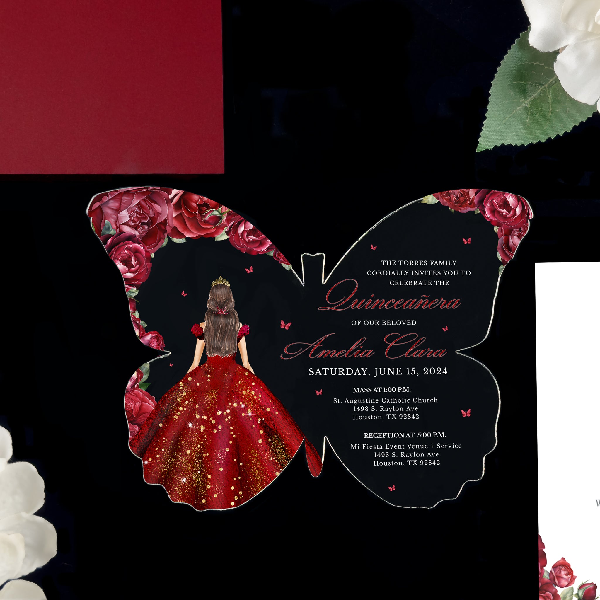 Invitación De Quinceañera en Acrílico Transparente con Mariposas Lavandas - Leila