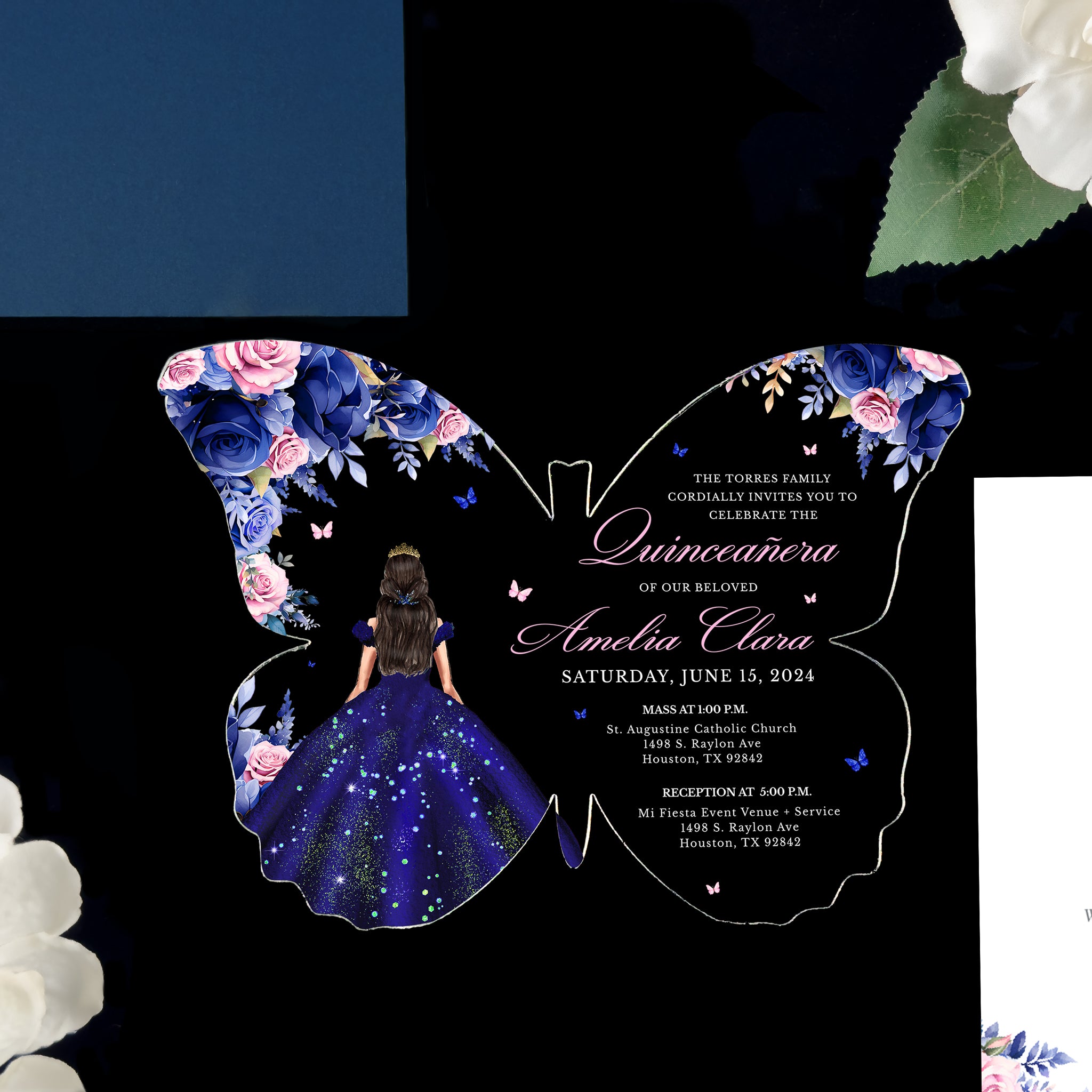 Invitación De Quinceañera en Acrílico Transparente con Mariposas Lavandas - Leila