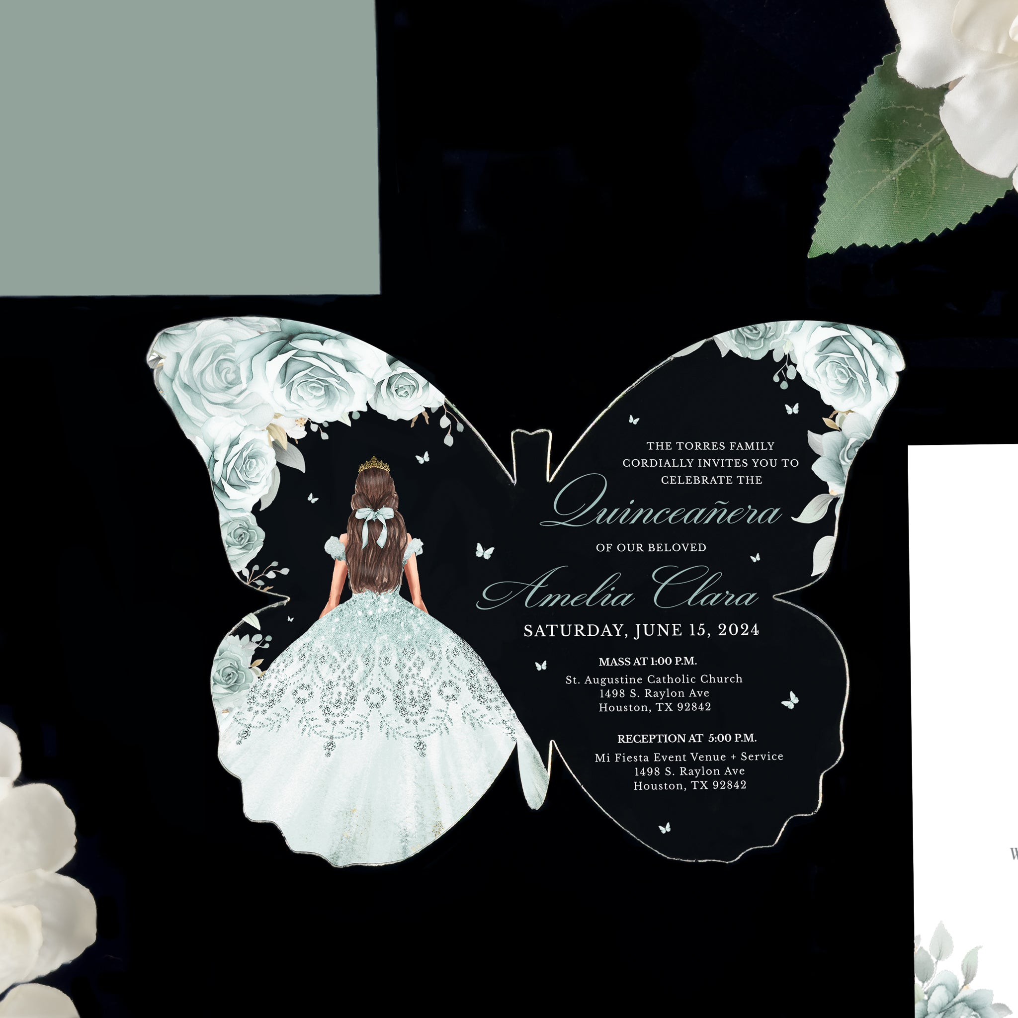 Amelia - Sage Acrylic Quinceañera Invitations