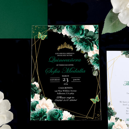 Leila - Emerald + Gold Acrylic Quinceañera Invitations