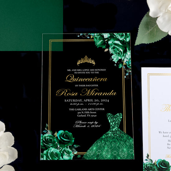 Sara - Emerald Green + Gold Acrylic Quinceañera Invitations