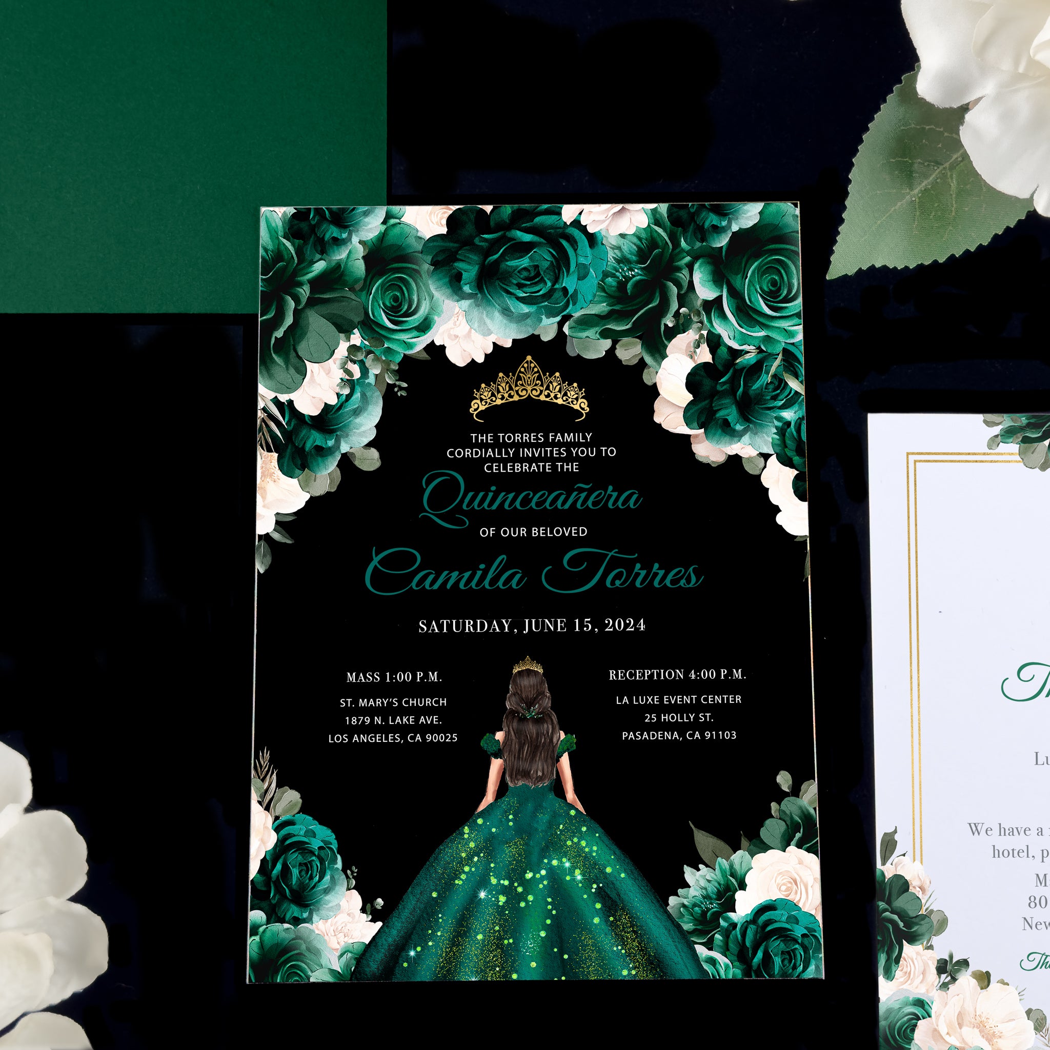 Mareli - Emerald Green Acrylic Quinceañera Invitations