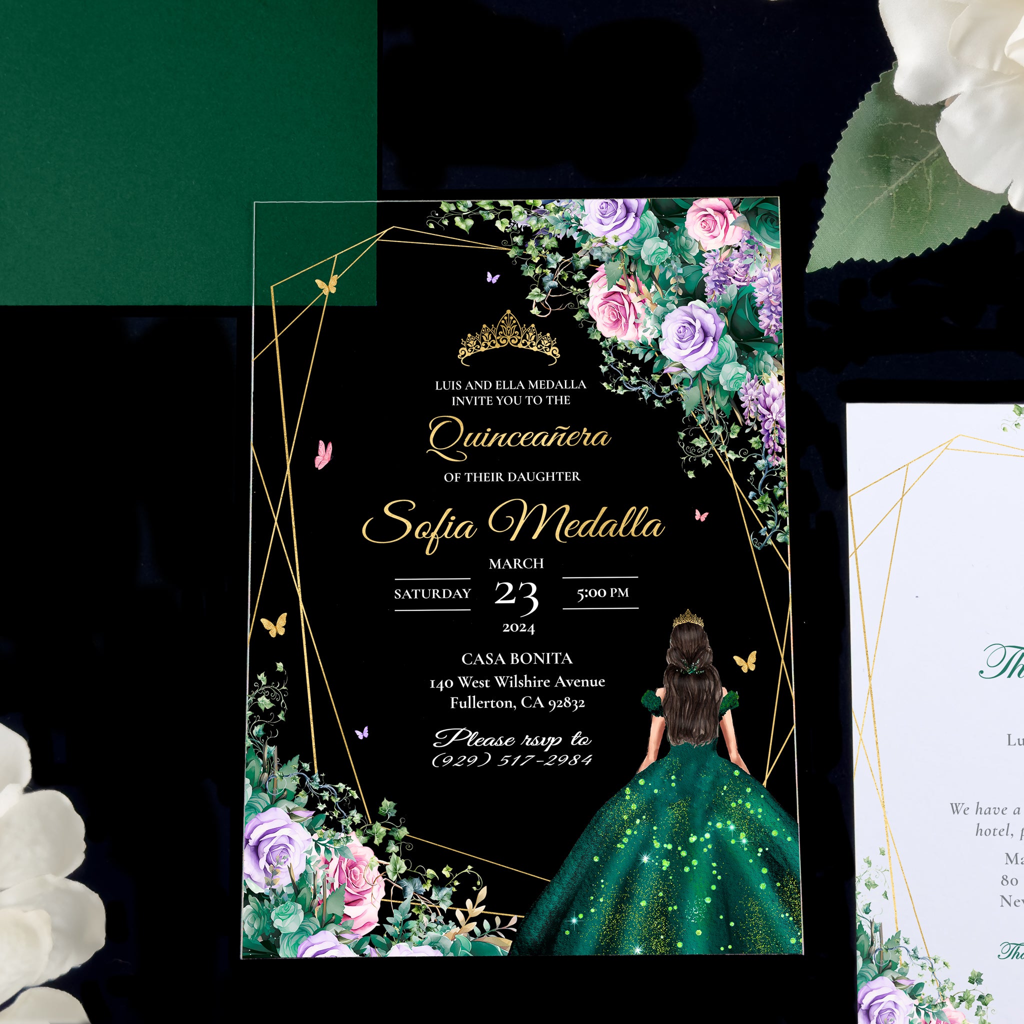 Emerald Green Enchanted Garden Acrylic Quinceañera Invitations