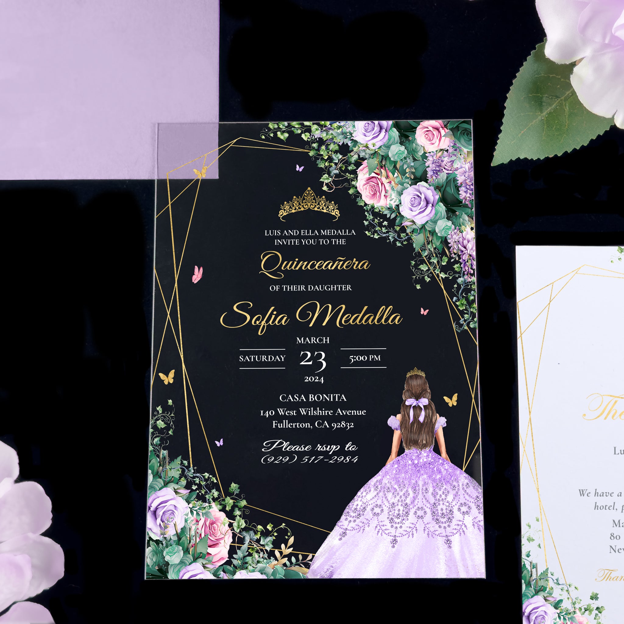 Lavender Enchanted Garden Acrylic Quinceañera Invitations