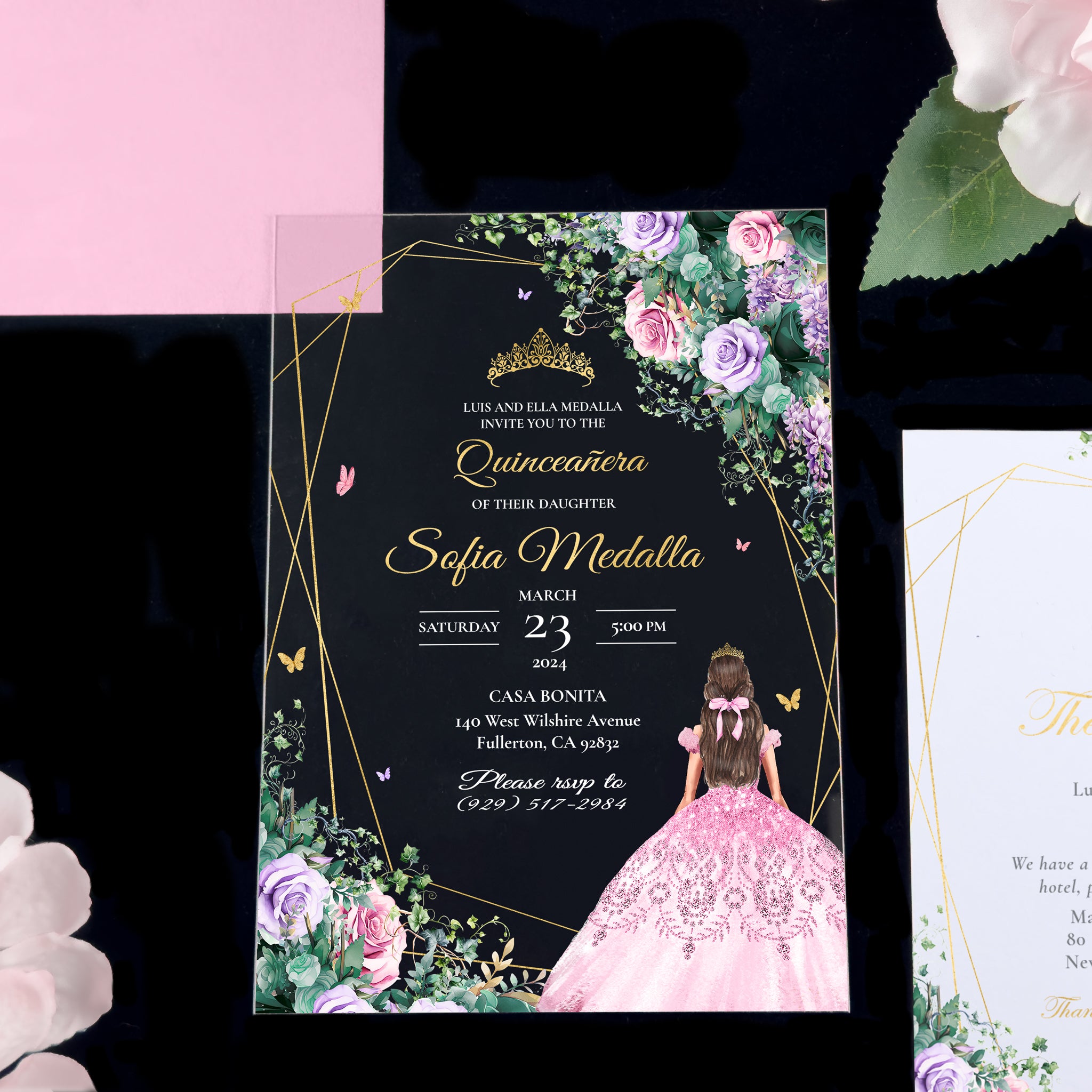 Pink Enchanted Garden Acrylic Quinceañera Invitations