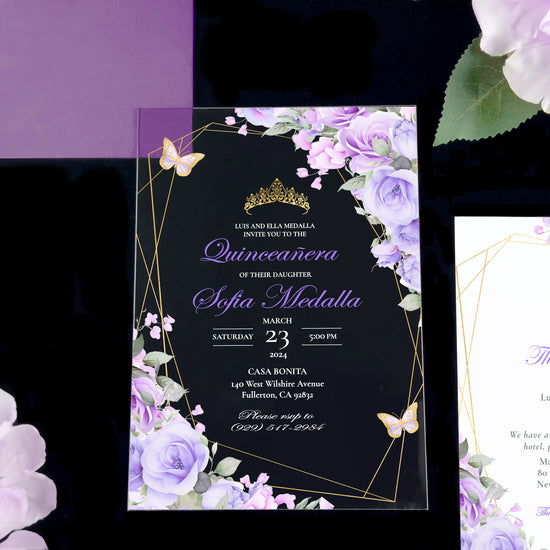 Leila - Lavender + Gold Acrylic Quinceañera Invitations