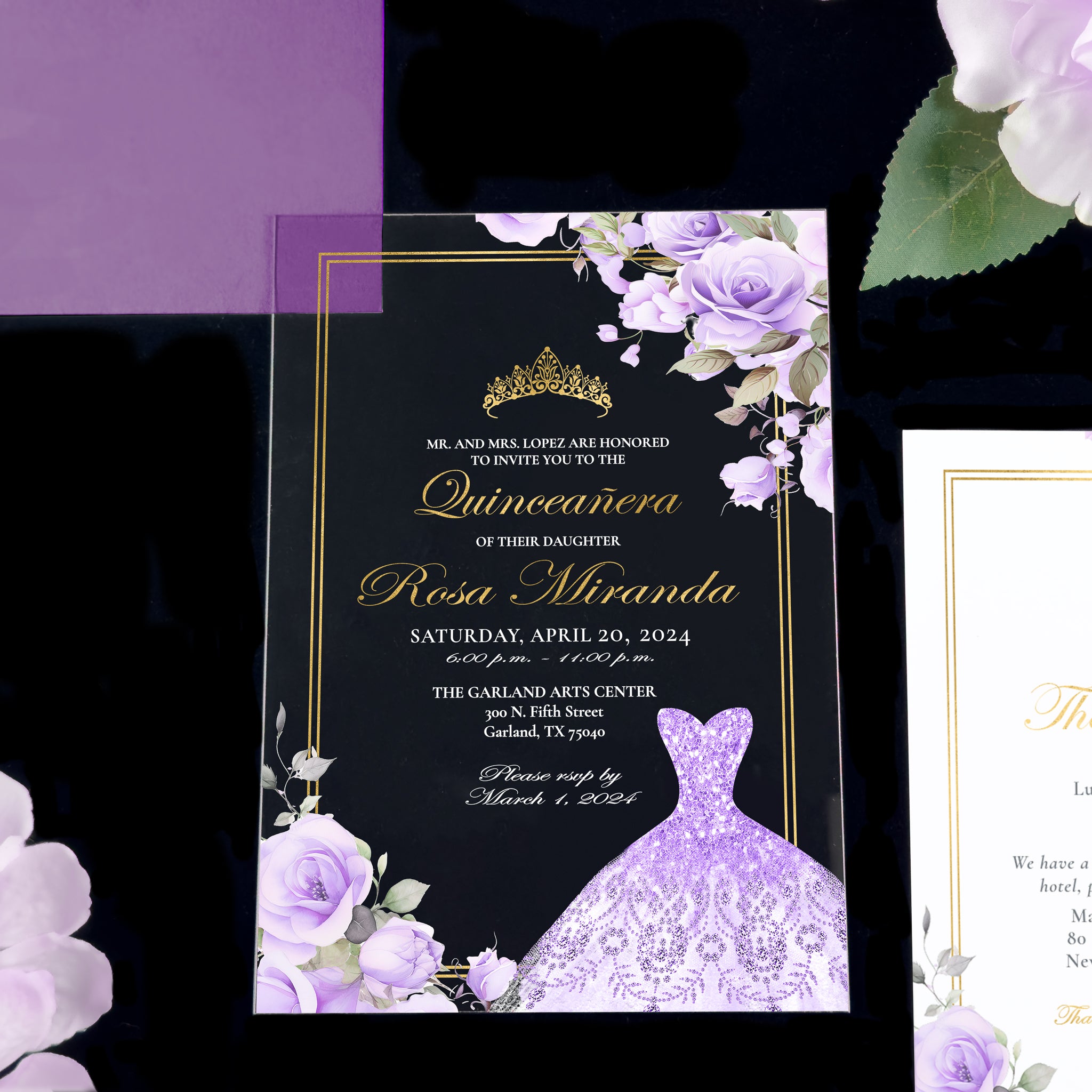 Sara - Lavender + Gold Acrylic Quinceañera Invitations