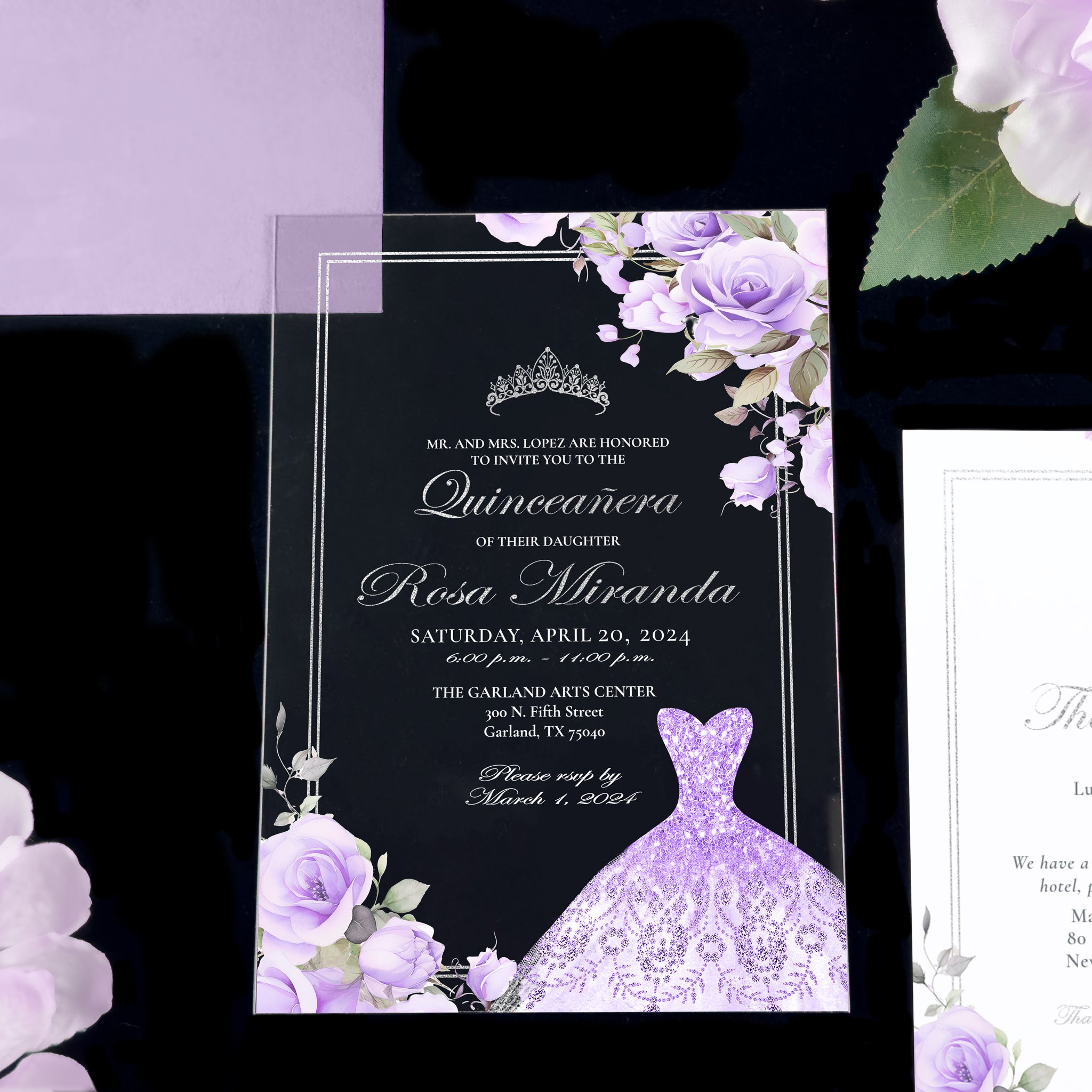 Sara - Lavender + Silver Acrylic Quinceañera Invitations