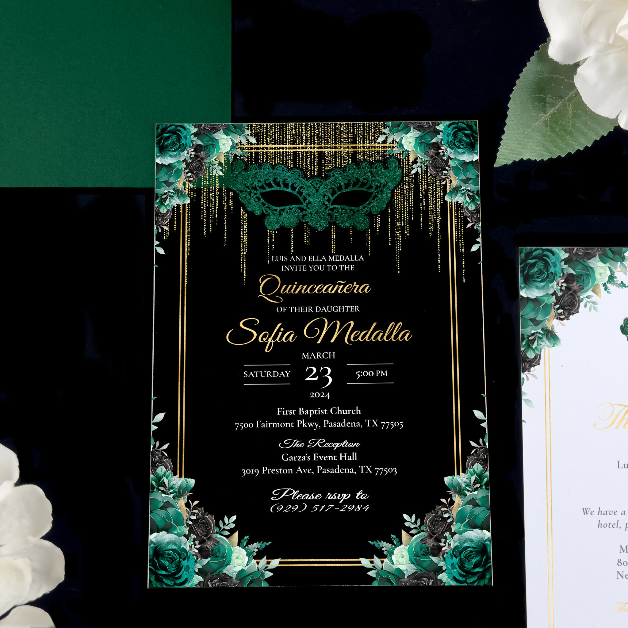 Masquerade - Emerald Green + Gold Acrylic Quinceañera Invitations