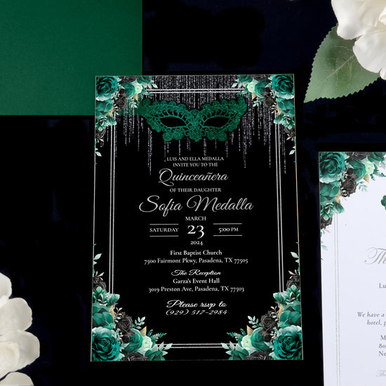 Masquerade - Emerald Green + Silver Acrylic Quinceañera Invitations