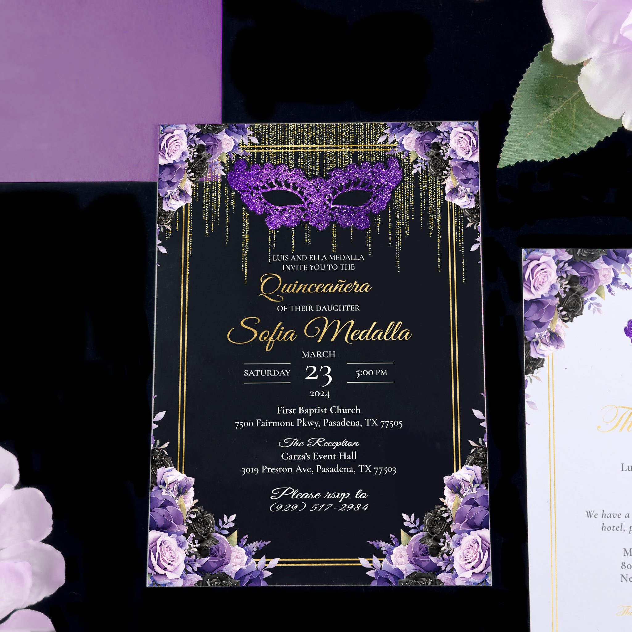 Masquerade - Purple + Gold Acrylic Quinceañera Invitations