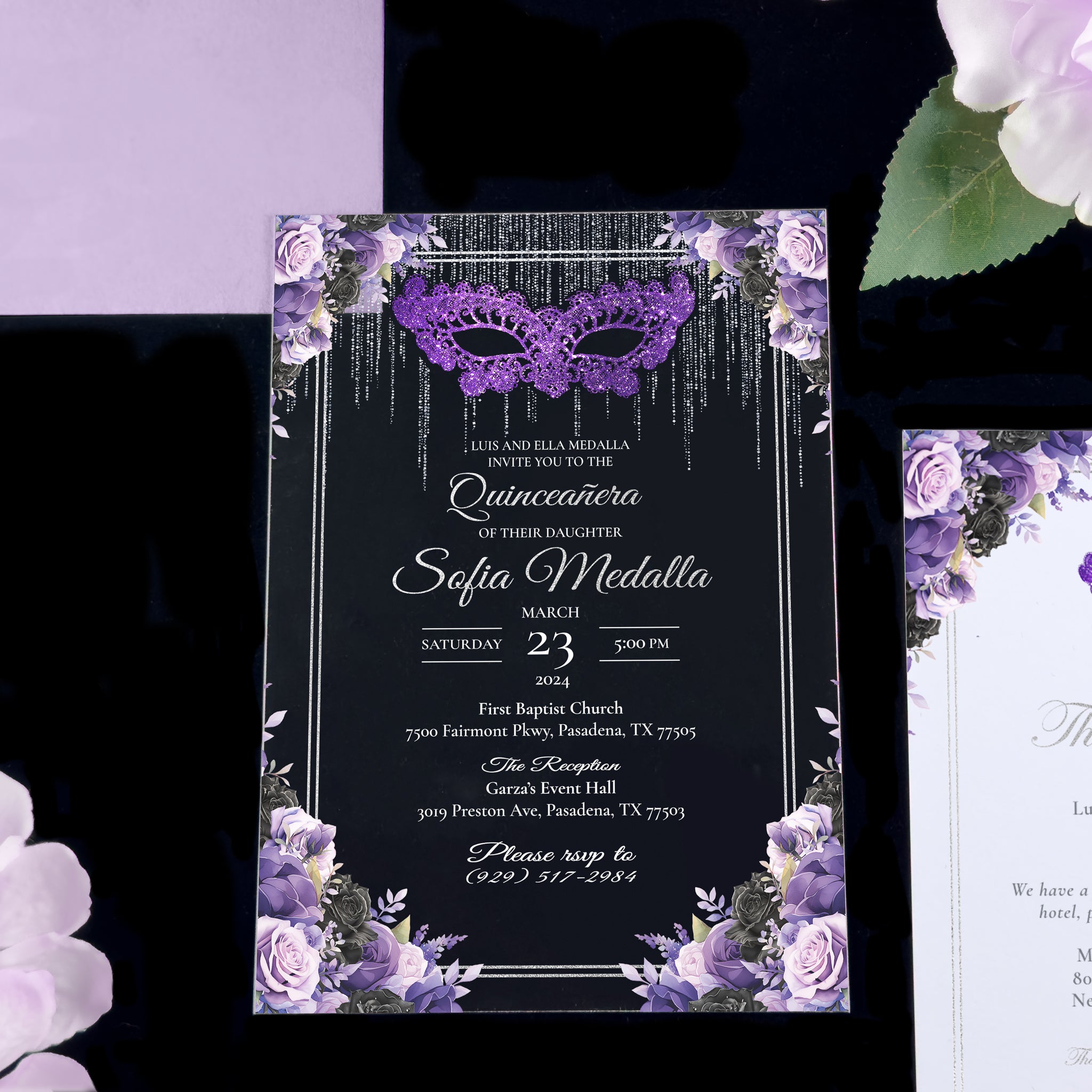 Masquerade - Purple + Silver Acrylic Quinceañera Invitations