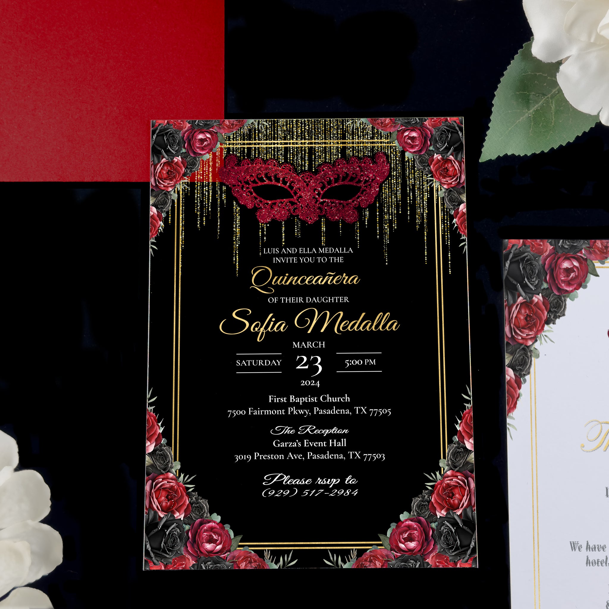 Masquerade - Red + Gold Acrylic Quinceañera Invitations