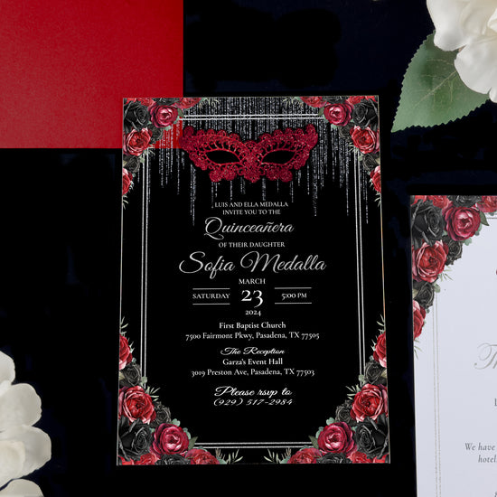 Masquerade - Red + Silver Acrylic Quinceañera Invitations