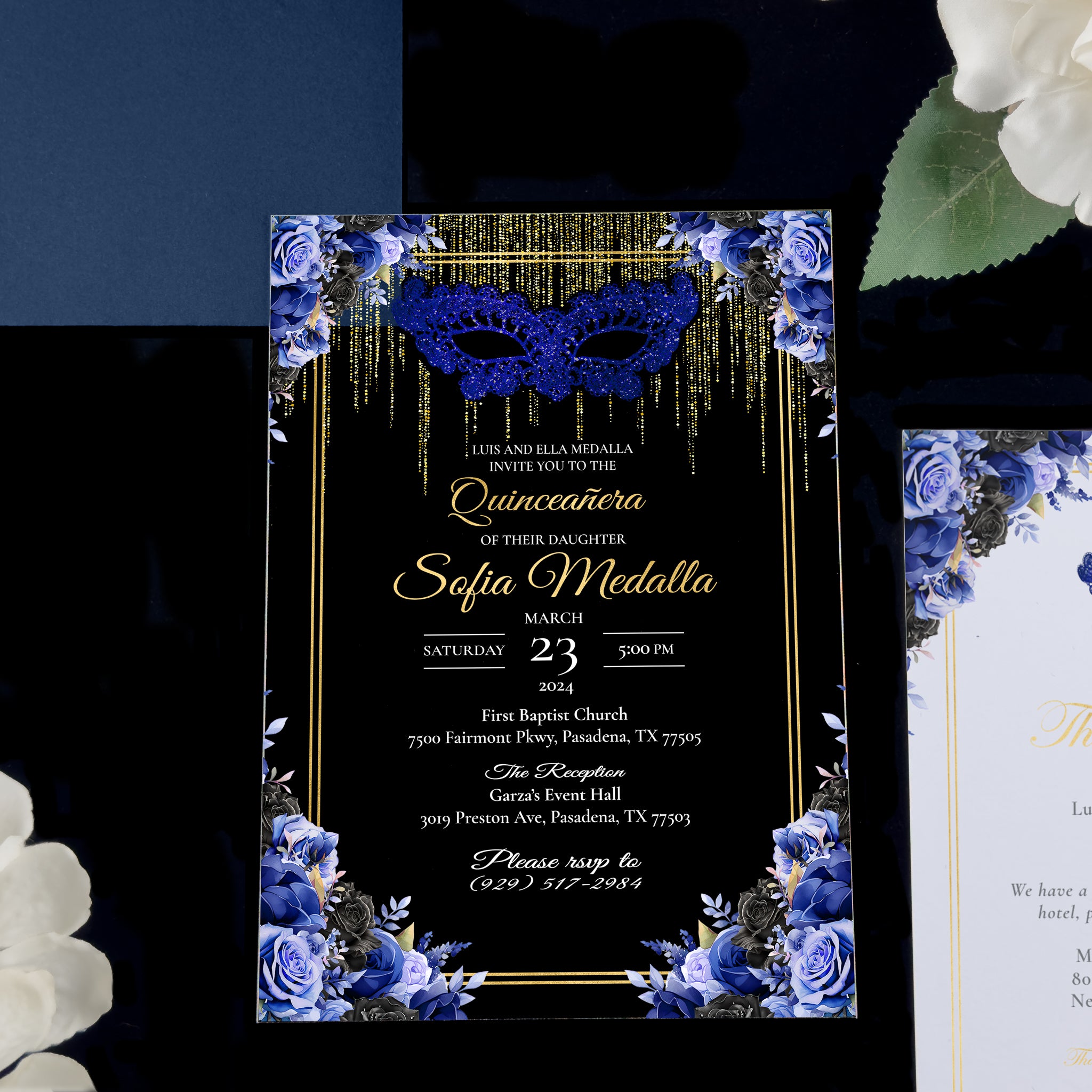 Masquerade - Royal Blue + Gold Acrylic Quinceañera Invitations