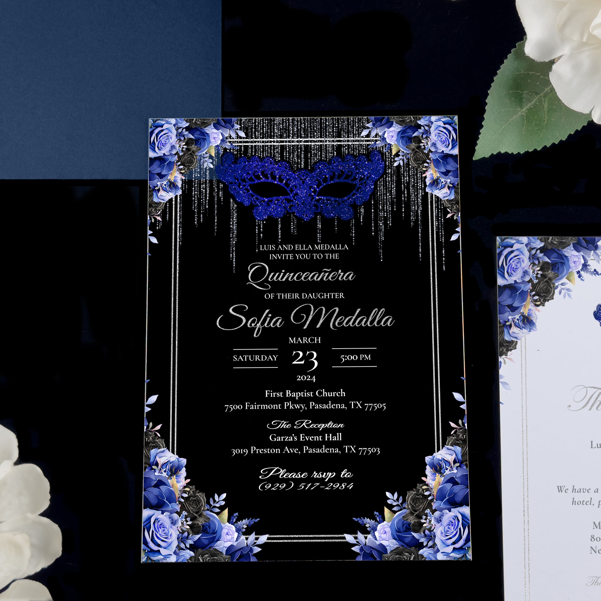 Masquerade - Royal Blue + Silver Acrylic Quinceañera Invitations