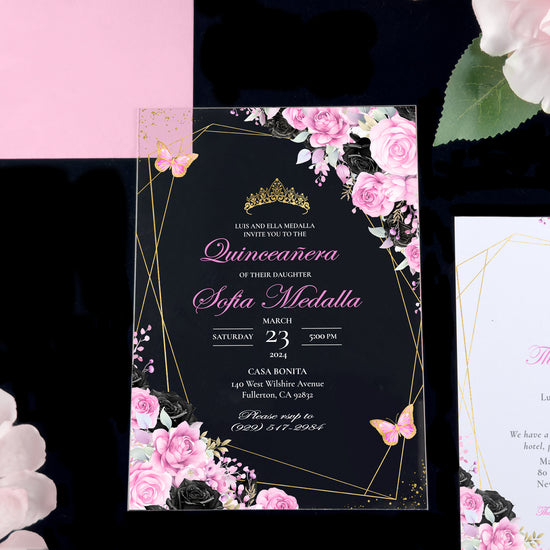 Leila - Pink and Black + Gold Acrylic Quinceañera Invitations