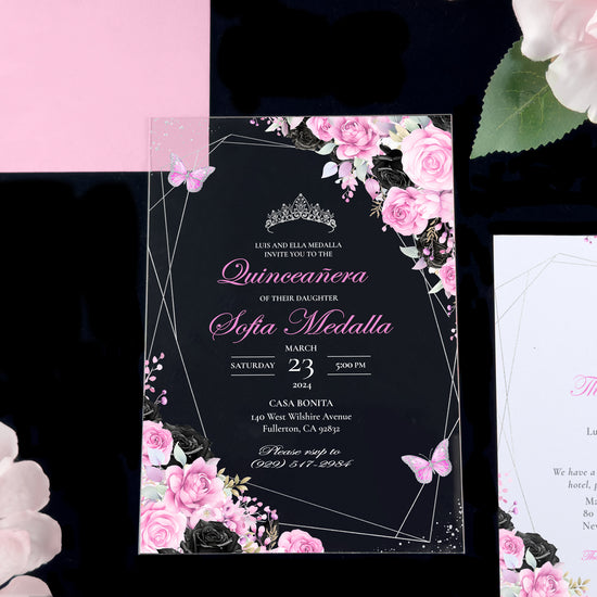 Leila - Pink and Black + Silver Acrylic Quinceañera Invitations