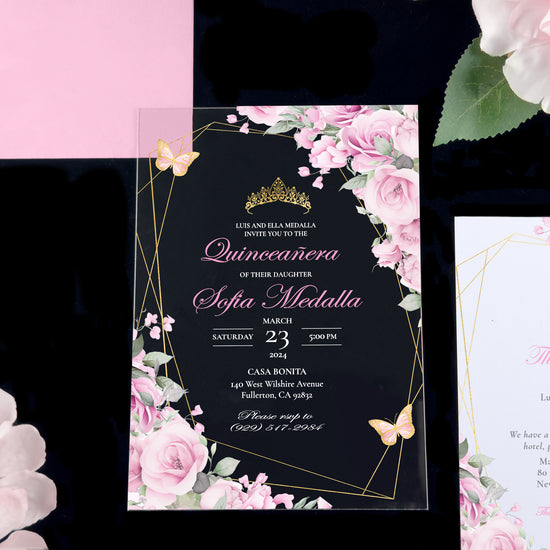 Leila - Pink + Gold Acrylic Quinceañera Invitations