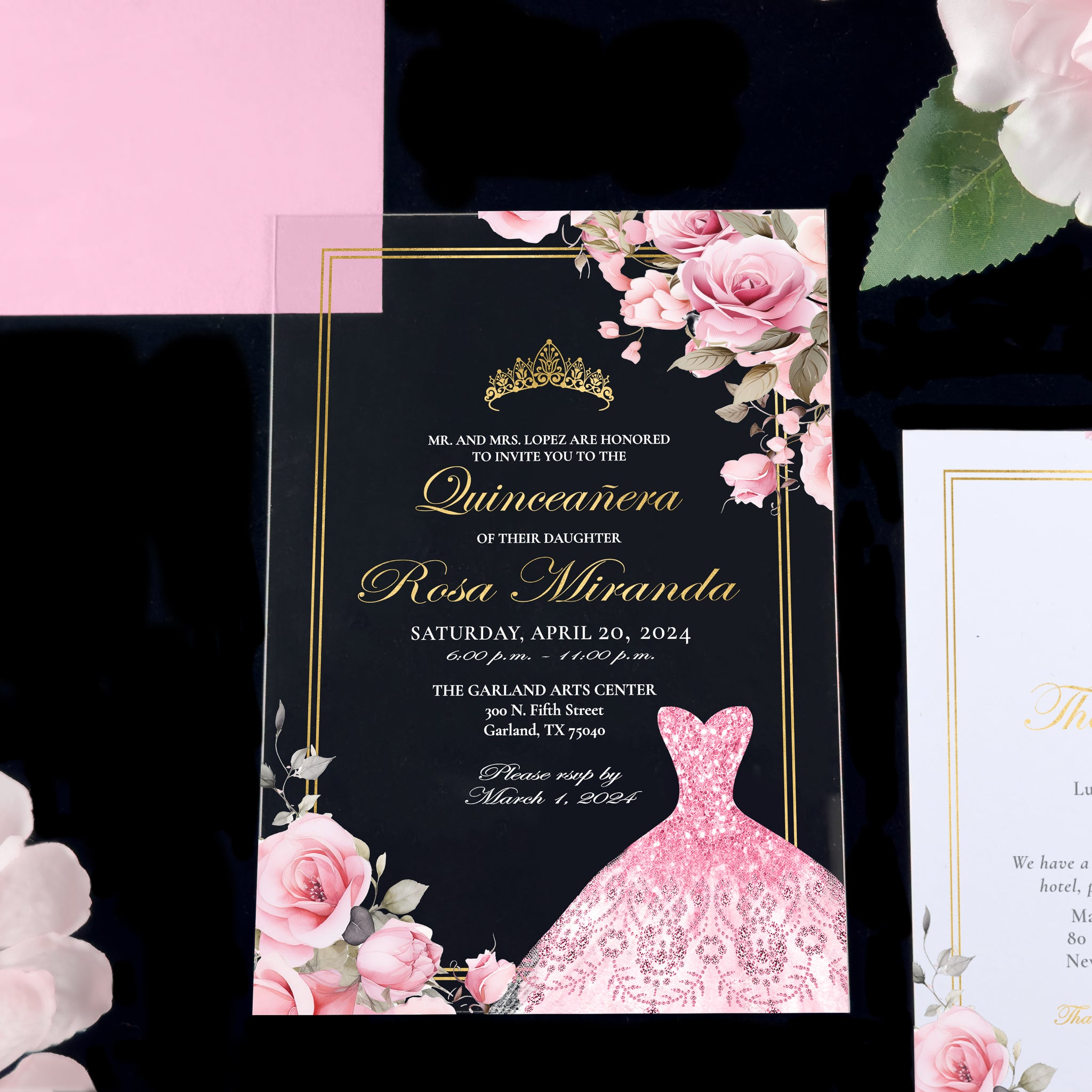 Sara - Pink + Gold Acrylic Quinceañera Invitations