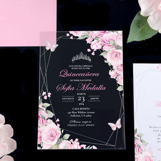 Leila - Pink + Silver Acrylic Quinceañera Invitations