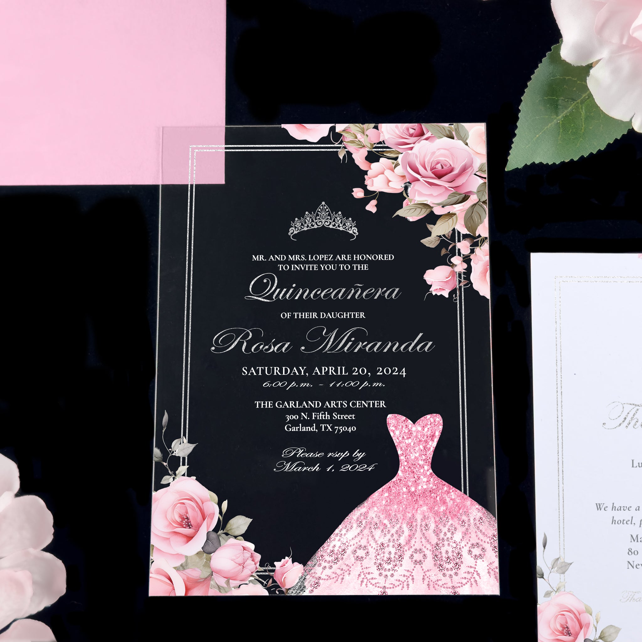 Sara - Pink + Silver Acrylic Quinceañera Invitations