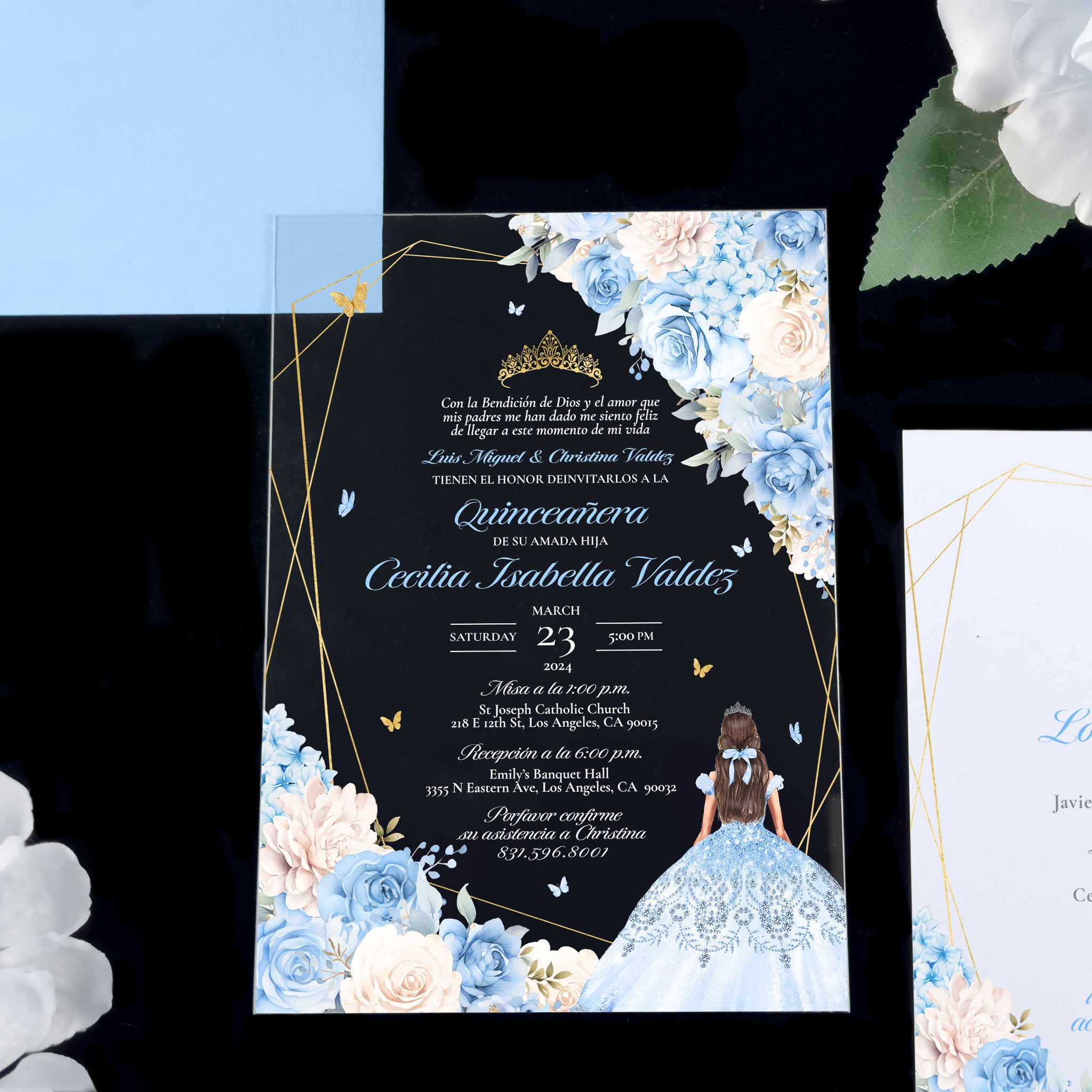 Celeste- Baby Blue Gold Acrylic Quinceañera Invitations