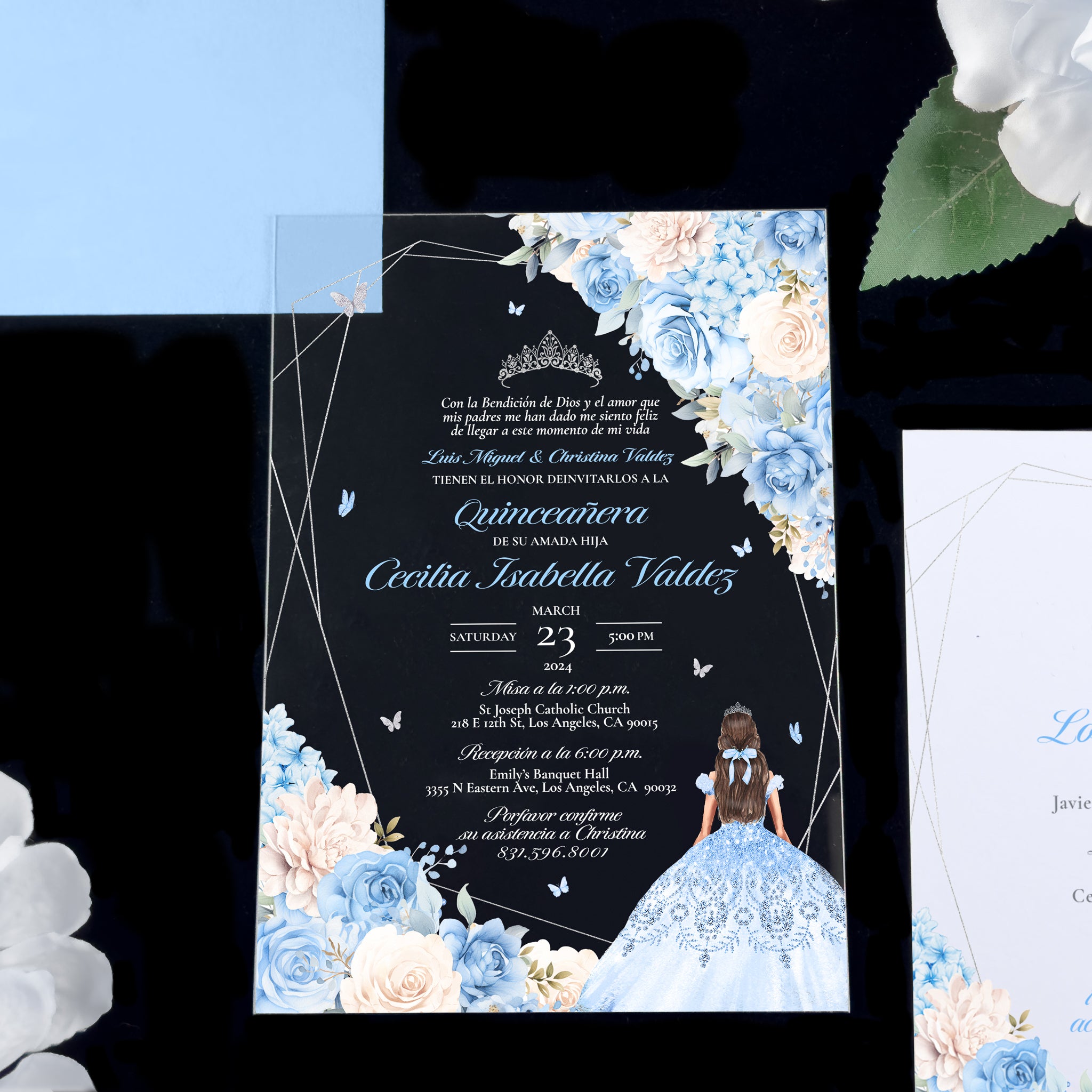 Celeste- Baby Blue Silver Acrylic Quinceañera Invitations