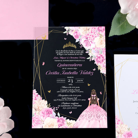 Celeste - Pink Gold Acrylic Quinceañera Invitations