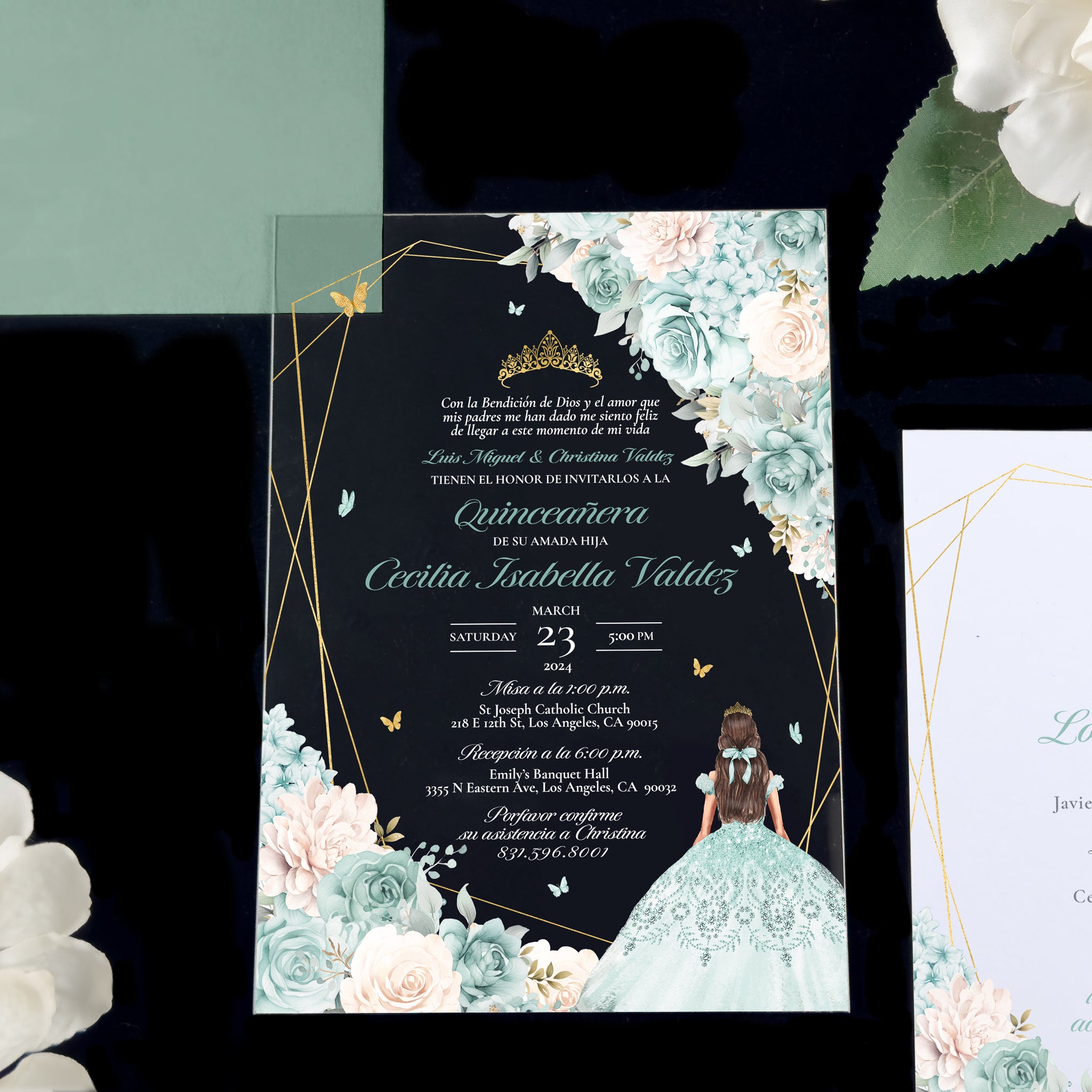 Celeste - Sage Gold Acrylic Quinceañera Invitations