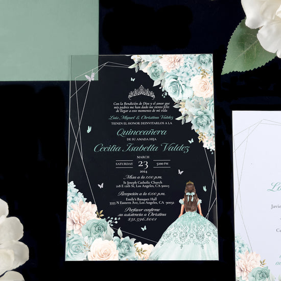 Celeste - Sage Silver Acrylic Quinceañera Invitations