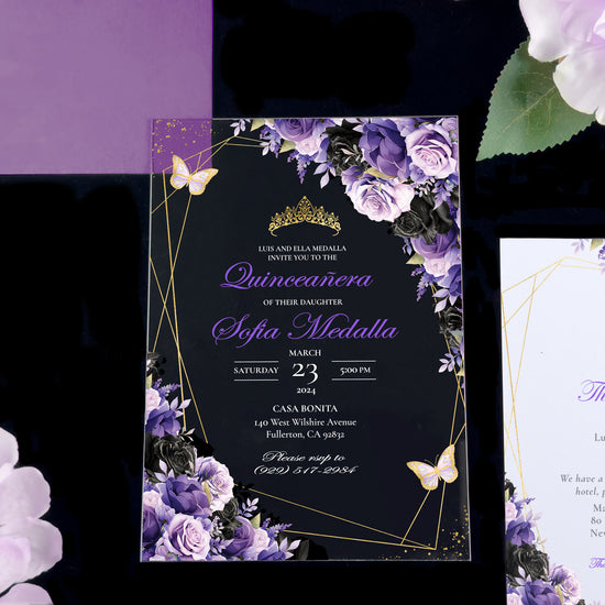 Leila - Purple and Black + Gold Acrylic Quinceañera Invitations