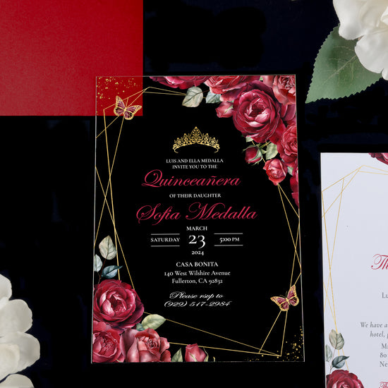 Leila - Red + Gold Acrylic Quinceañera Invitations